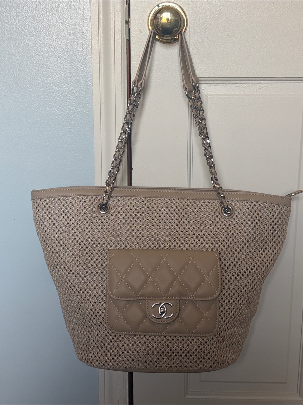 CHANEL Beige Quilted Pocket Tote with Chain Straps
